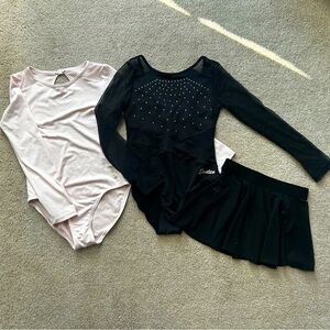 GIRLS SIZE M 10 JUSTICE LONG SLEEVE BLACK & PINK DANCE & GYMNASTICS LEOTARD EUC